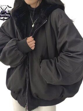 Reversible Sherpa Fleece Jacket Zip Up Hoodie Loose Fit Winter Coat